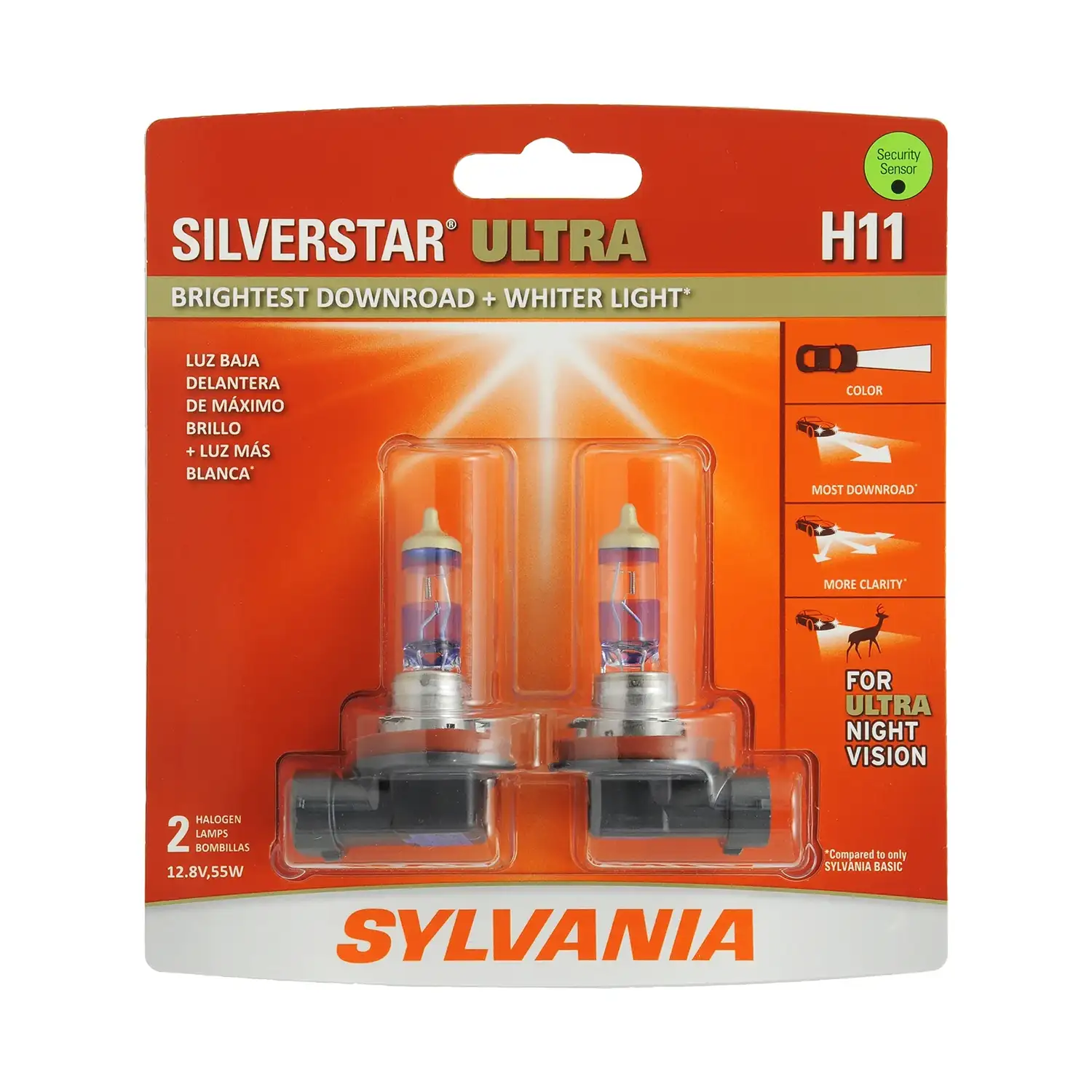Sylvania H11 SilverStar ULTRA Halogen Headlight Bulb, 2 Pack, Compatible with Multiple Cars